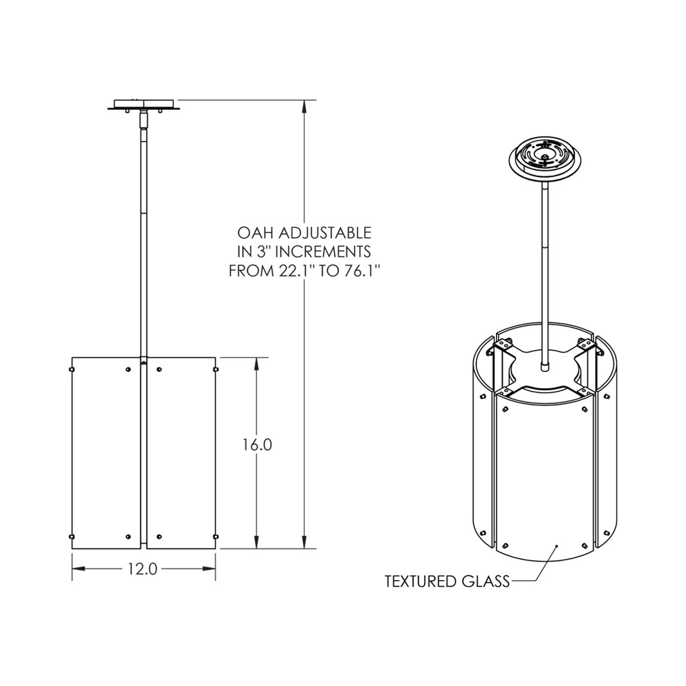 Textured Glass LED Pendant Light - line drawing.