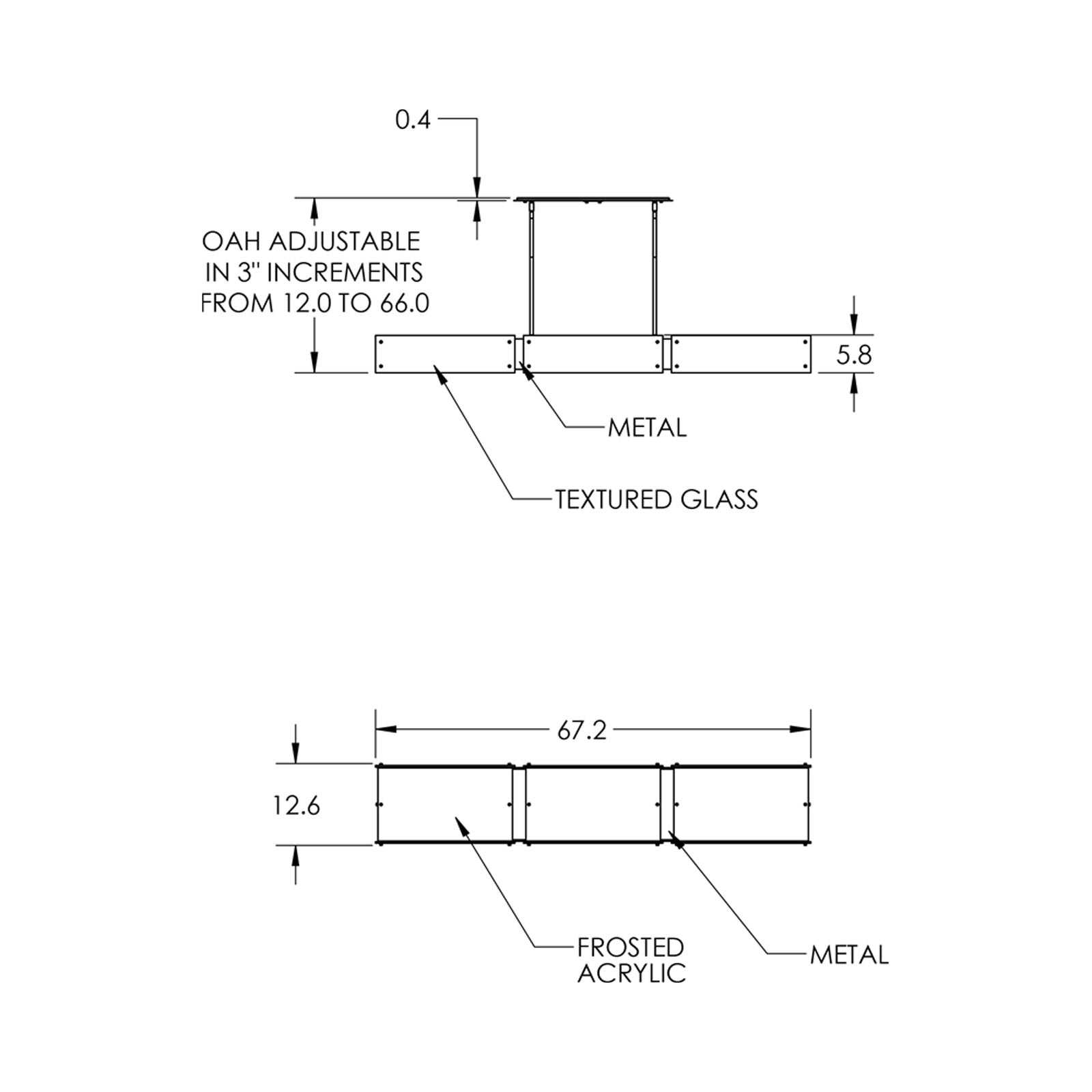 Textured Glass Linear LED Chandelier - line drawing.