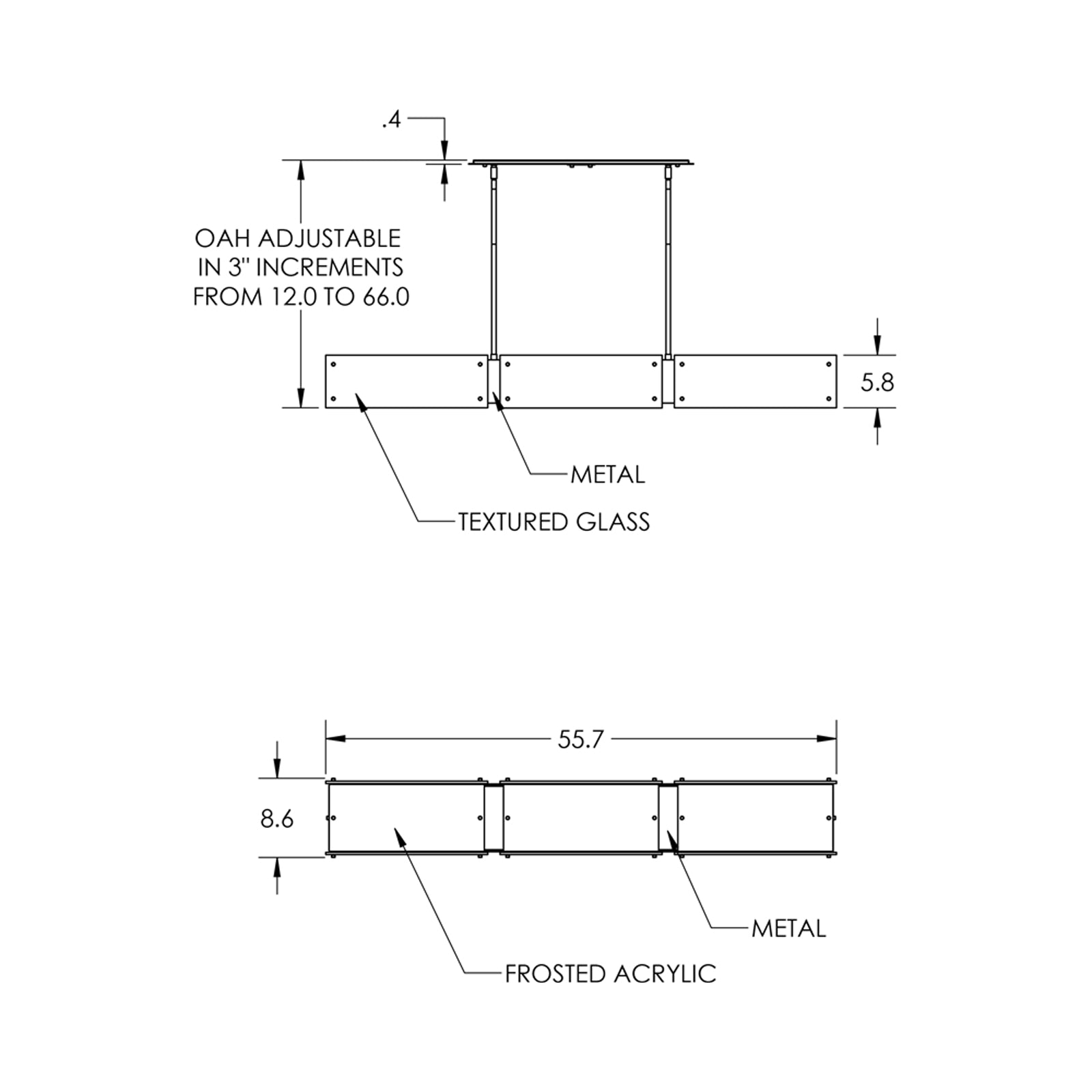 Textured Glass Linear LED Chandelier - line drawing.