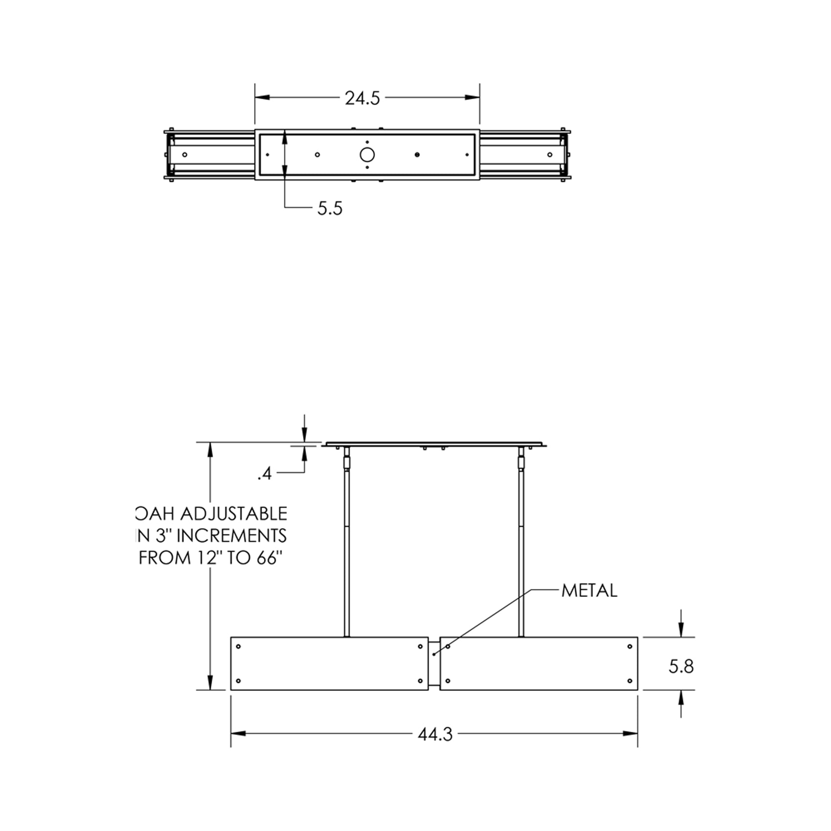 Textured Glass Linear LED Chandelier - line drawing.