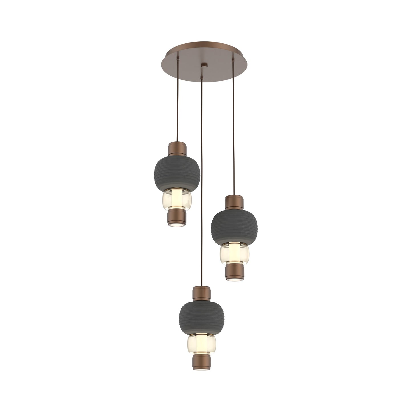 Torno Mandrel 3-Light LED Pendant Light in Burnished Bronze/Charcoal/Amber.
