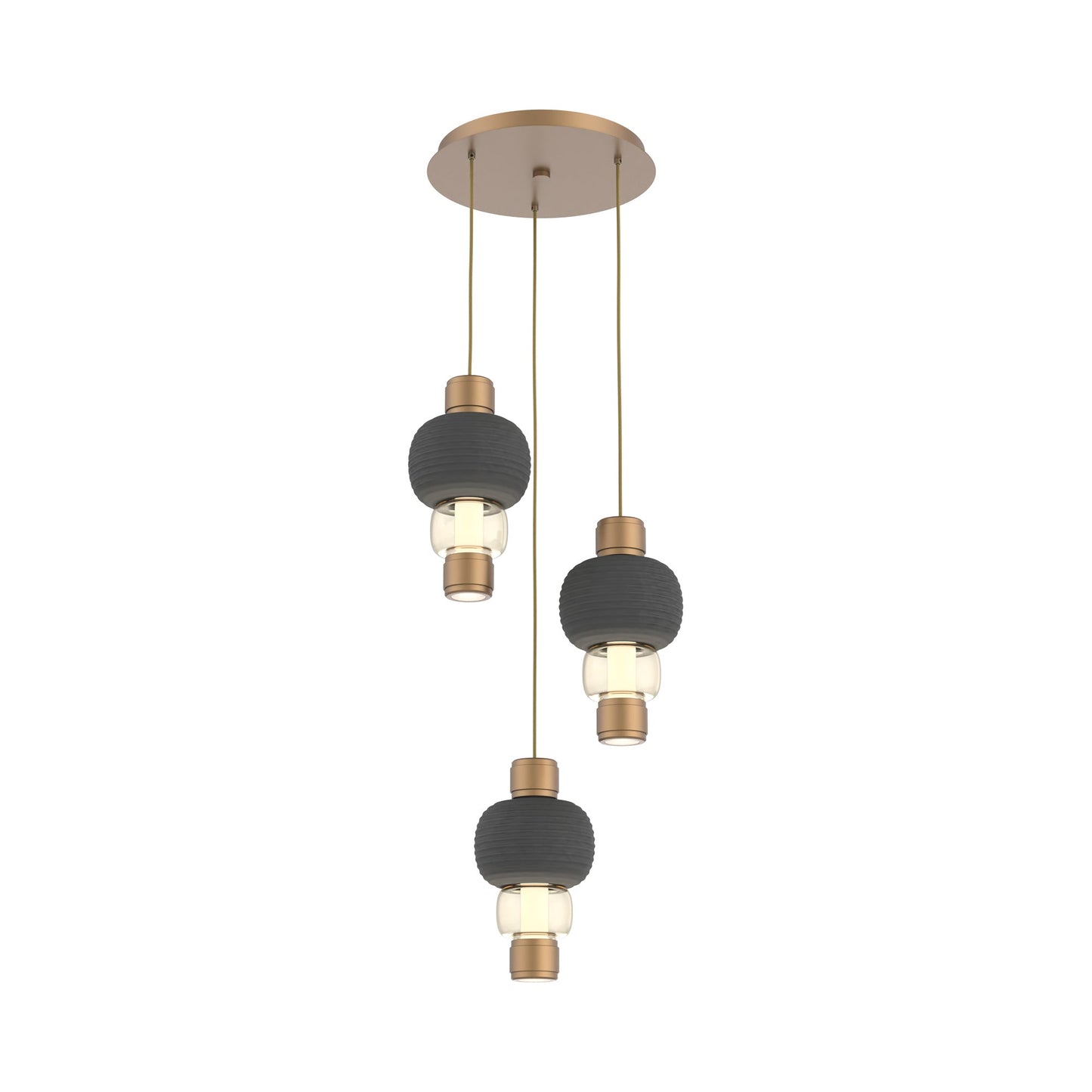 Torno Mandrel 3-Light LED Pendant Light in Novel Brass/Charcoal/Amber.