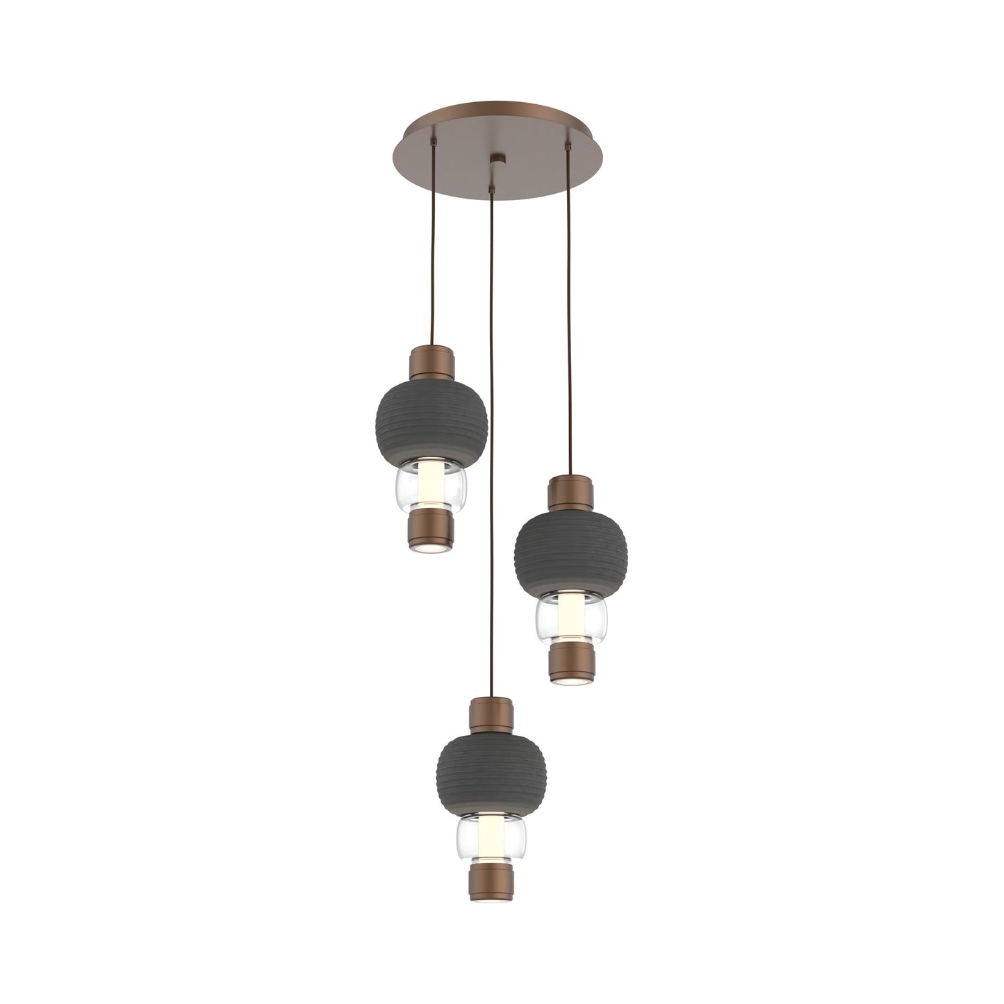 Torno Mandrel 3-Light LED Pendant Light in Burnished Bronze/Charcoal/Clear.