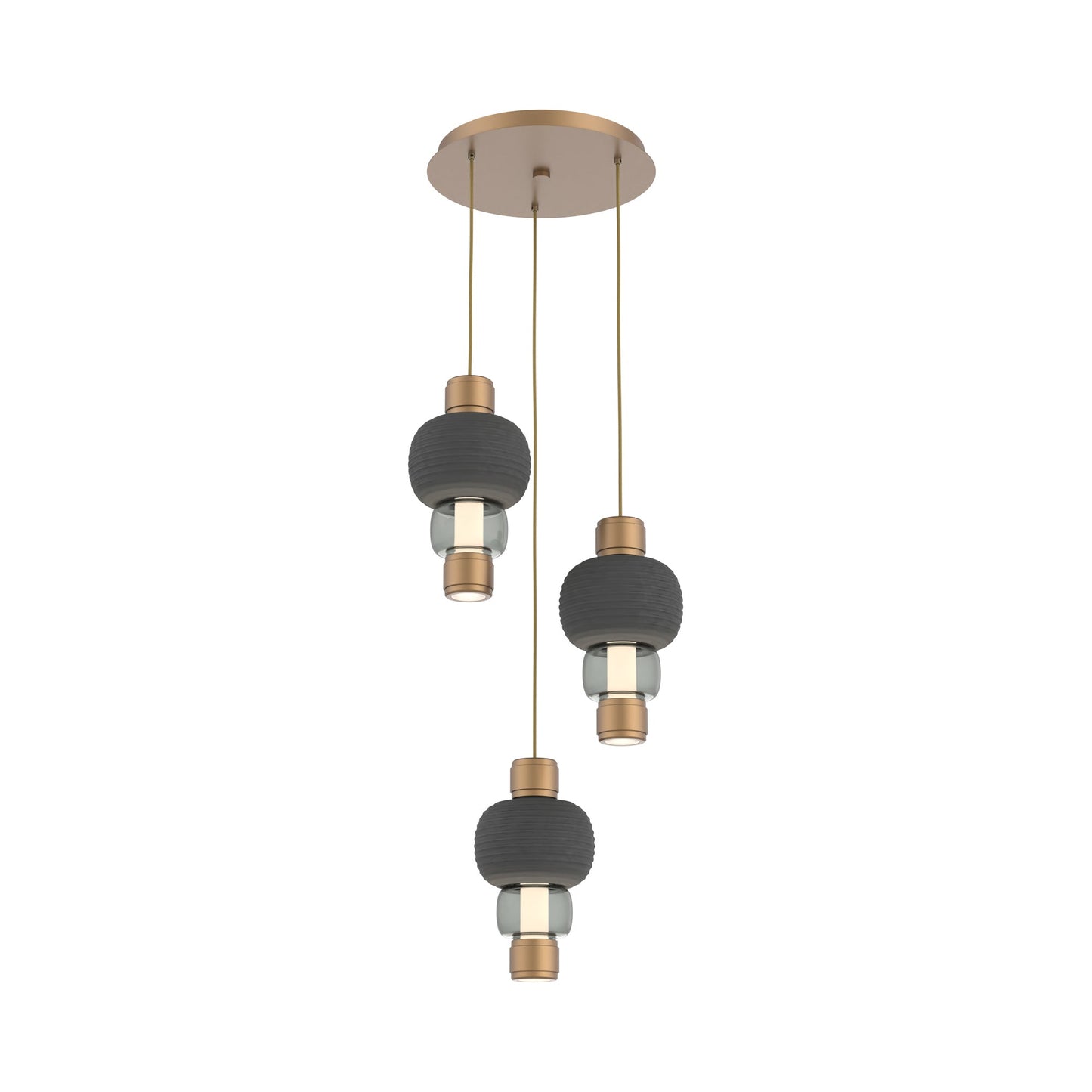 Torno Mandrel 3-Light LED Pendant Light in Novel Brass/Charcoal/Smoke.