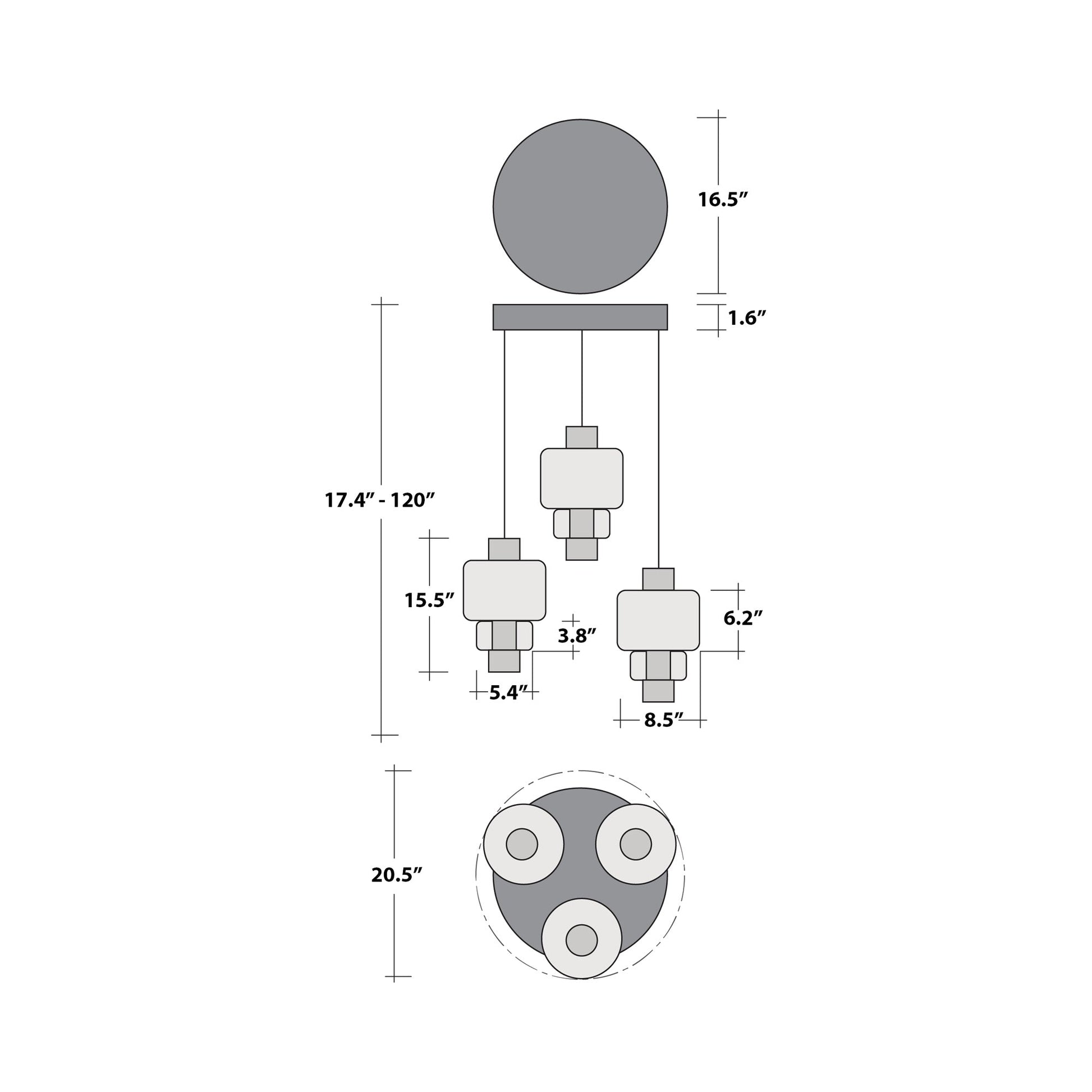 Torno Mandrel 3-Light LED Pendant Light - line drawing.