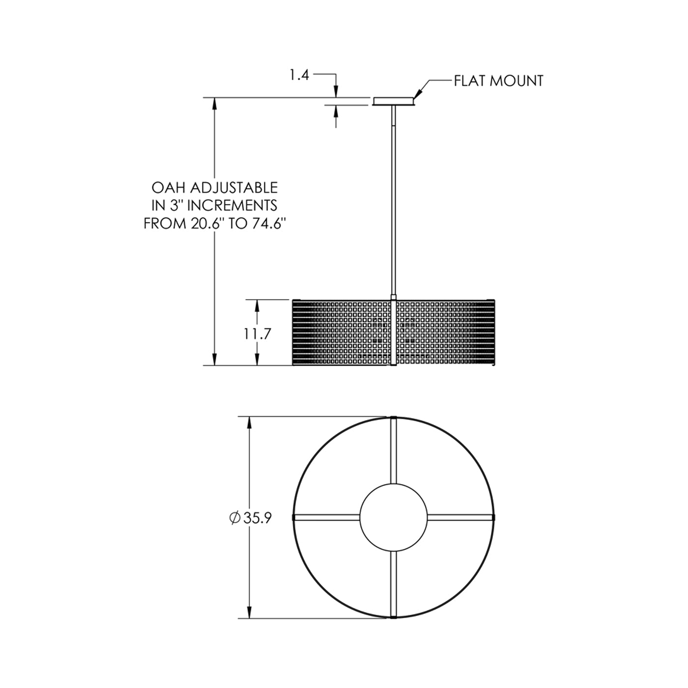 Tweed Drum LED Chandelier - line drawing.