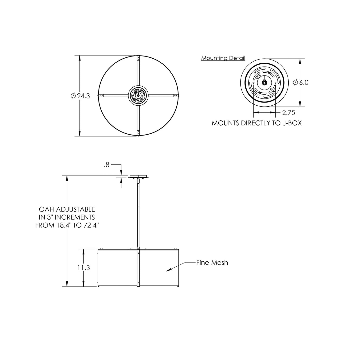 Uptown Mesh Drum LED Chandelier - line drawing.