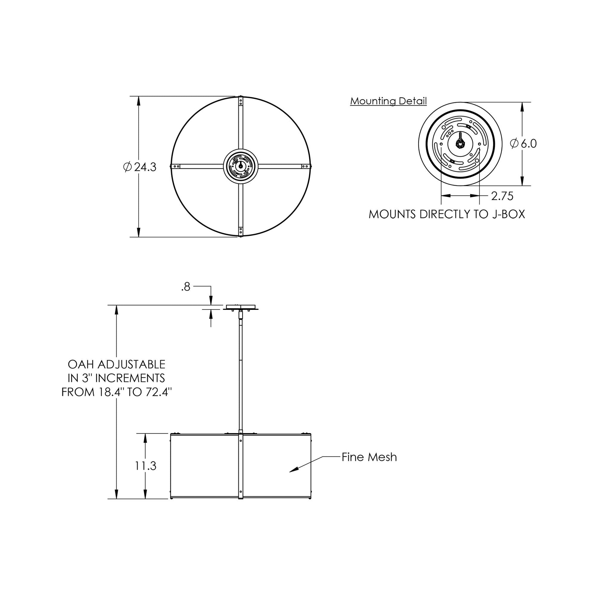 Uptown Mesh Drum LED Chandelier - line drawing.