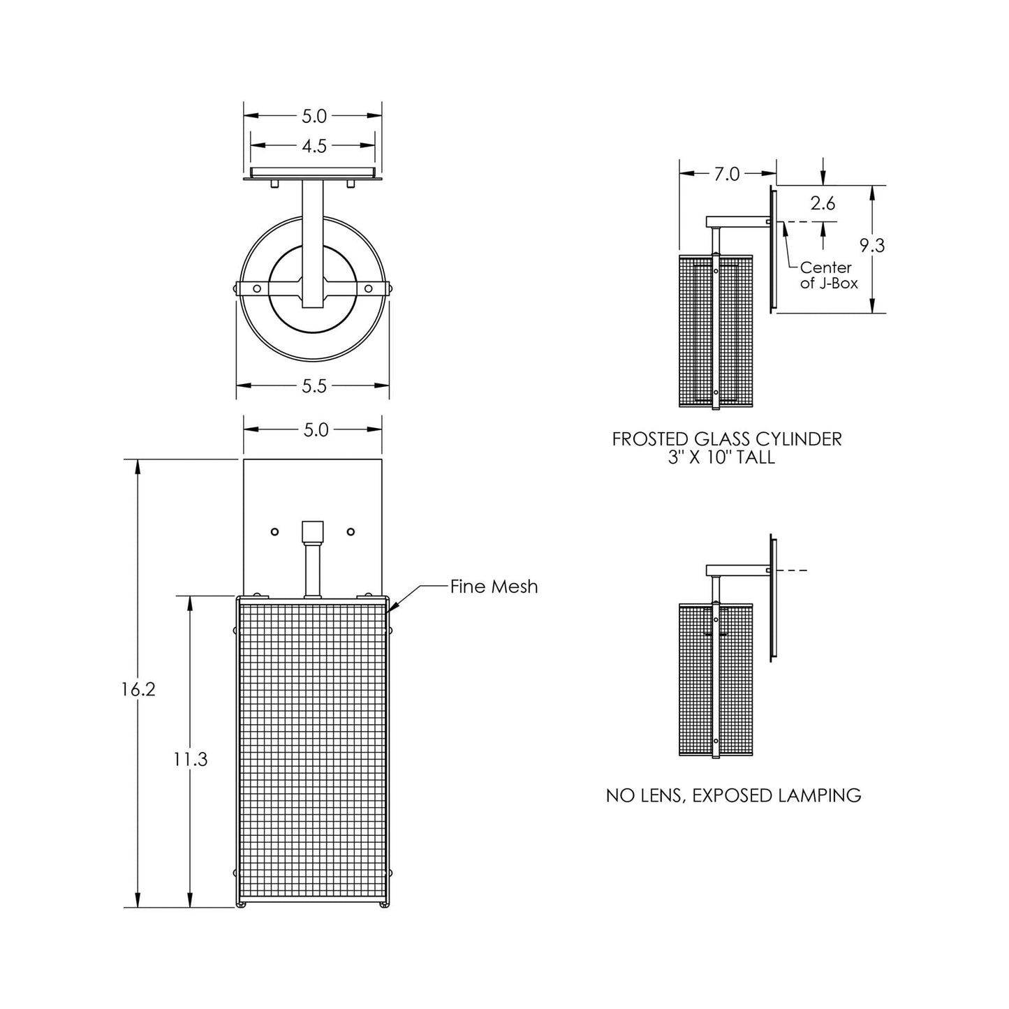 Uptown Mesh LED Wall Light - line drawing.