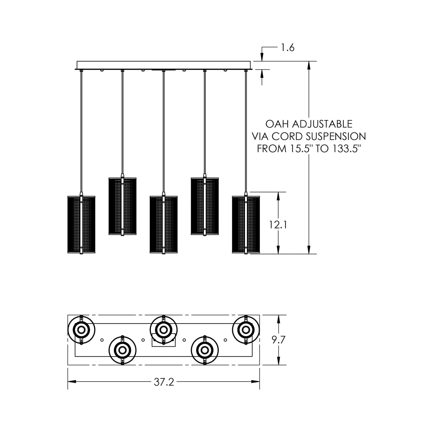 Uptown Mesh Linear LED Pendant Light - line drawing.