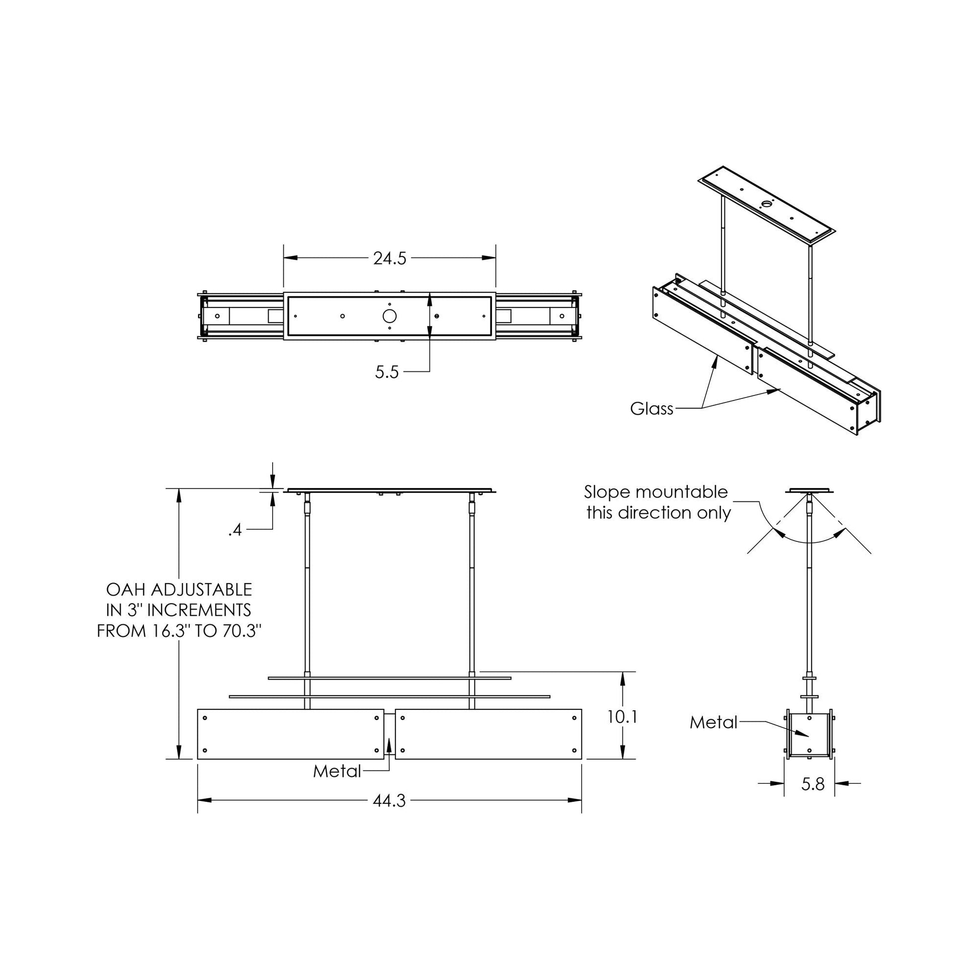Urban Loft Parallel Linear LED Chandelier - line drawing.