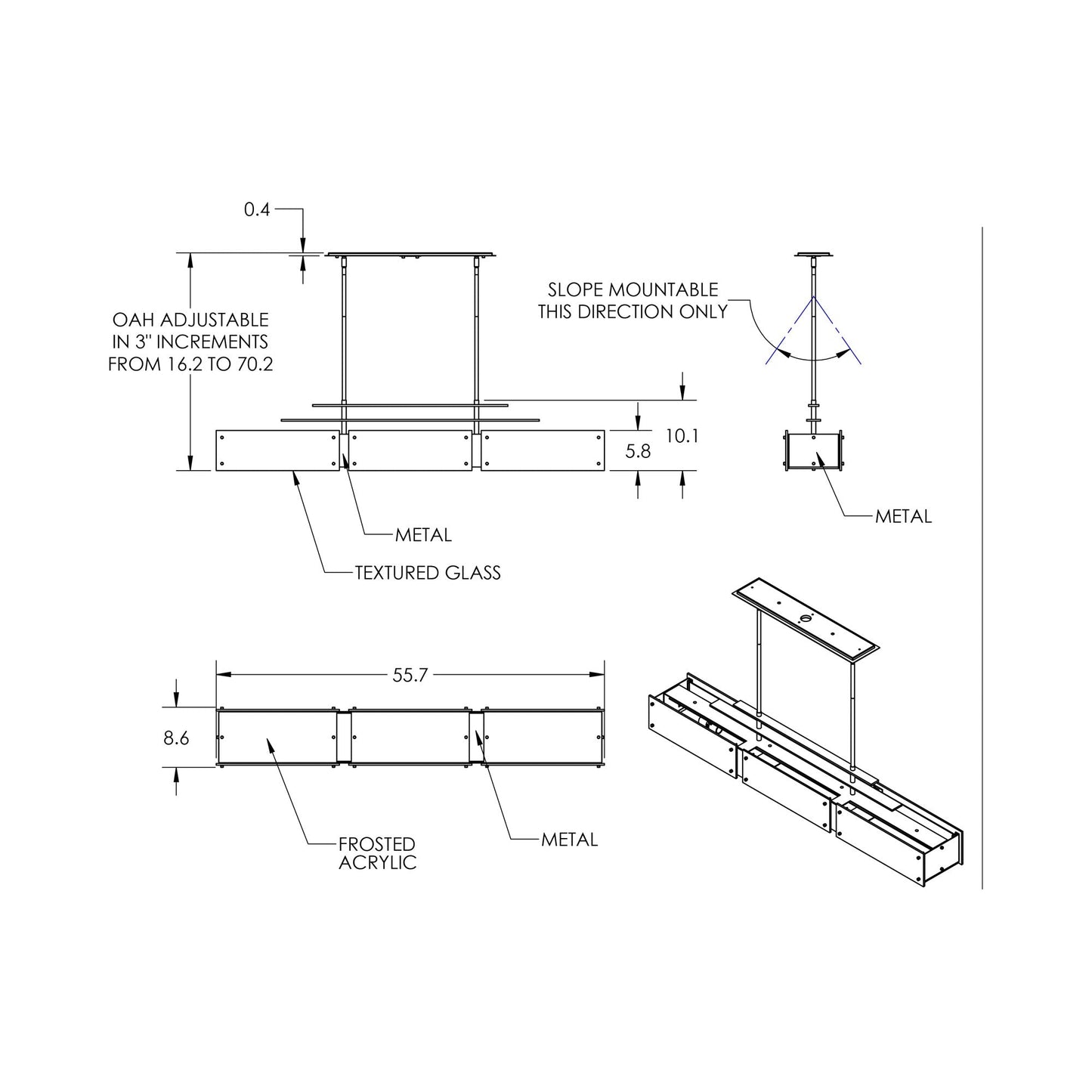 Urban Loft Parallel Linear LED Chandelier - line drawing.