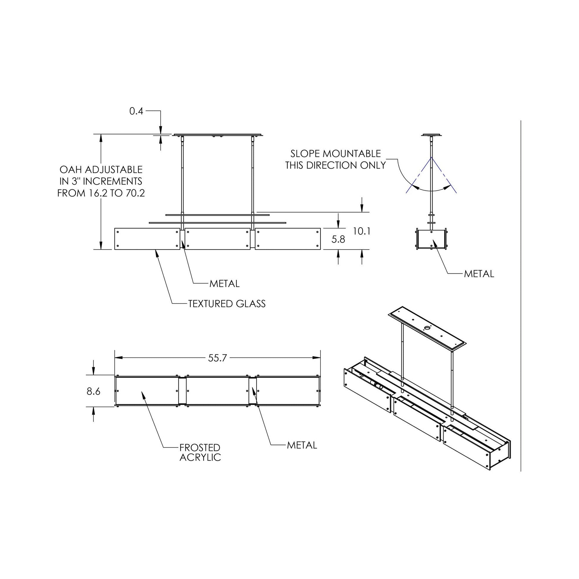 Urban Loft Parallel Linear LED Chandelier - line drawing.