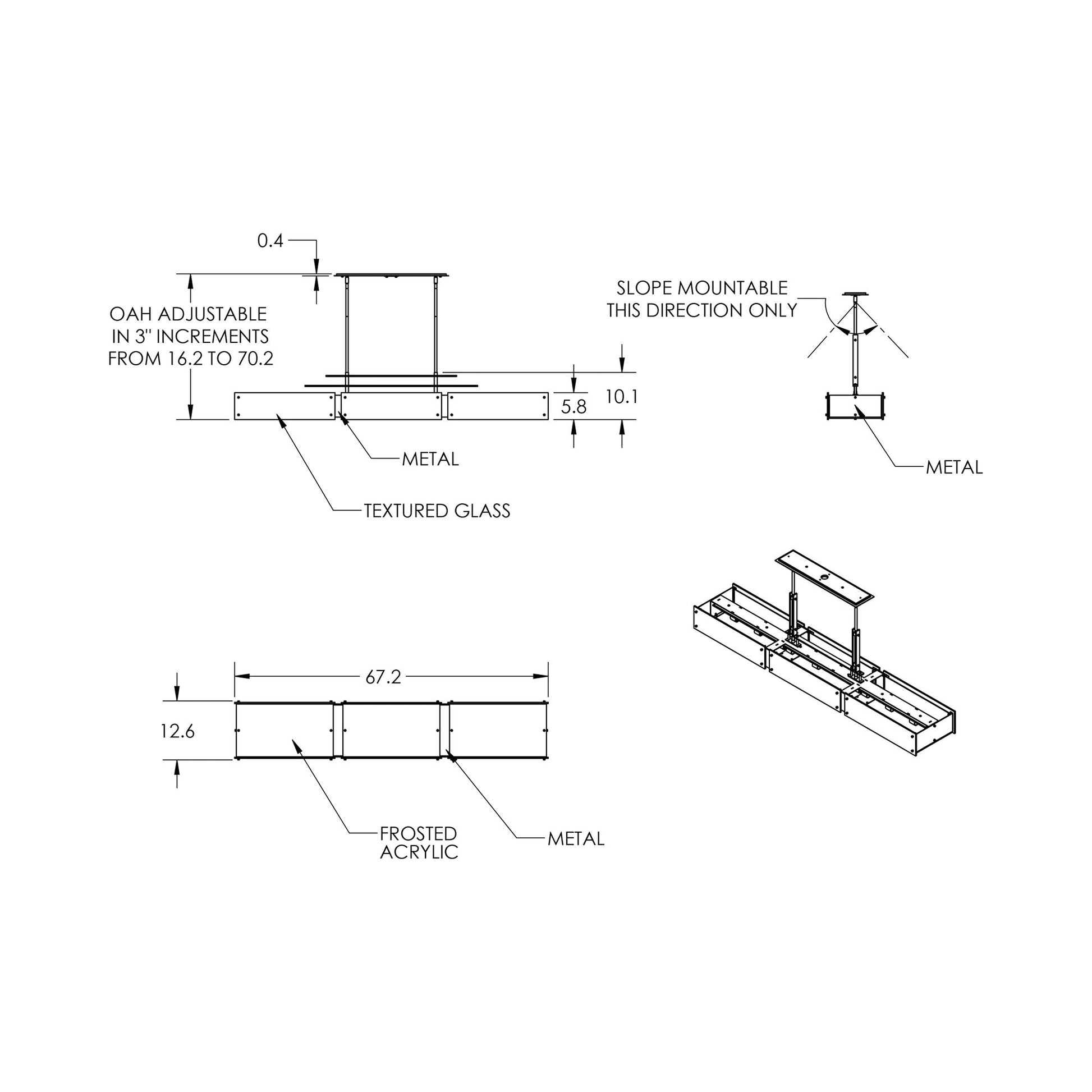 Urban Loft Parallel Linear LED Chandelier - line drawing.