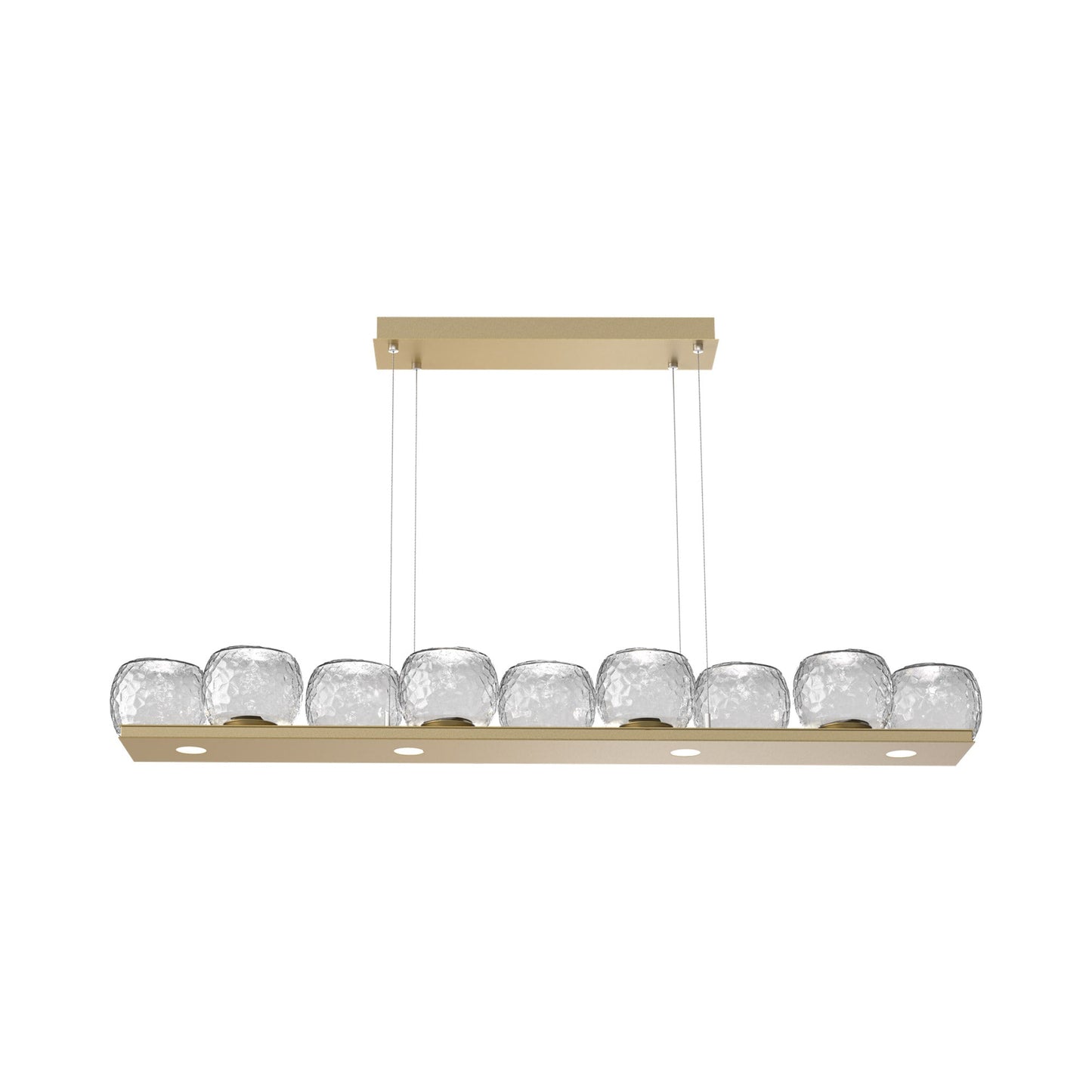 Vessel Linear LED Chandelier in Gilded Brass/Clear Blown Glass.