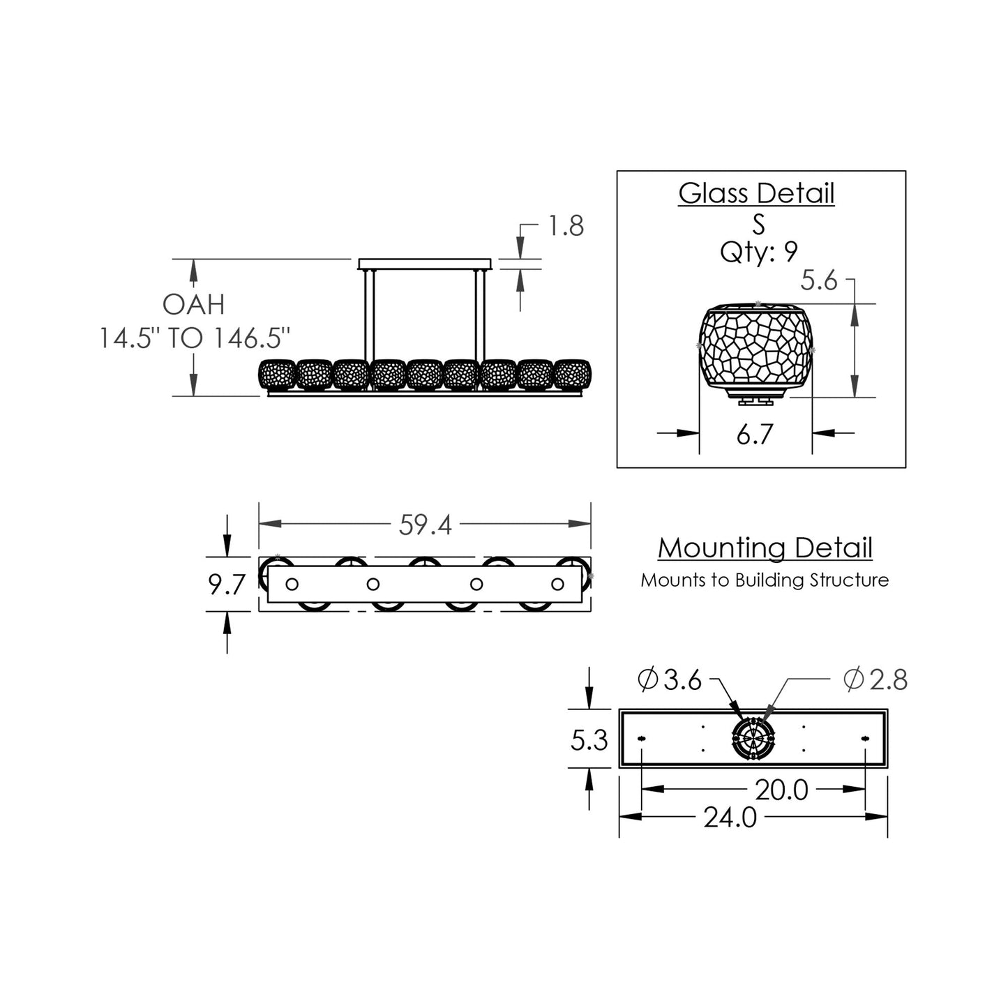 Vessel Linear LED Chandelier - line drawing.