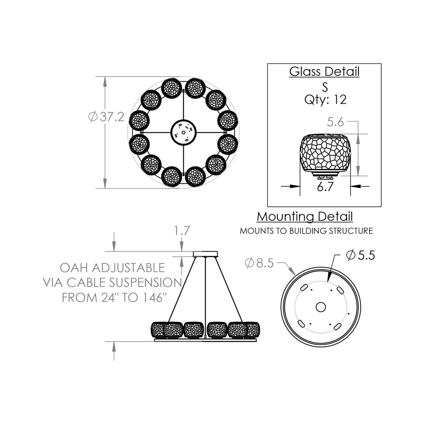 Vessel Ring LED Chandelier - line drawing.
