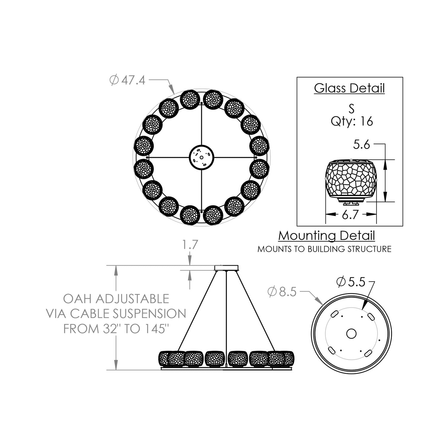 Vessel Ring LED Chandelier - line drawing.