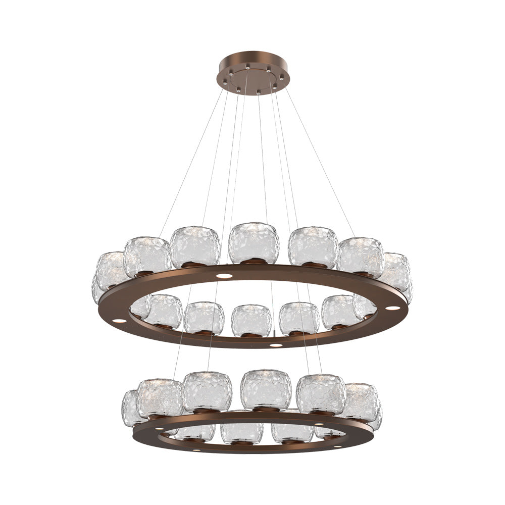 Vessel Two-Tier Ring LED Chandelier in Burnished Bronze/Clear Blown Glass.