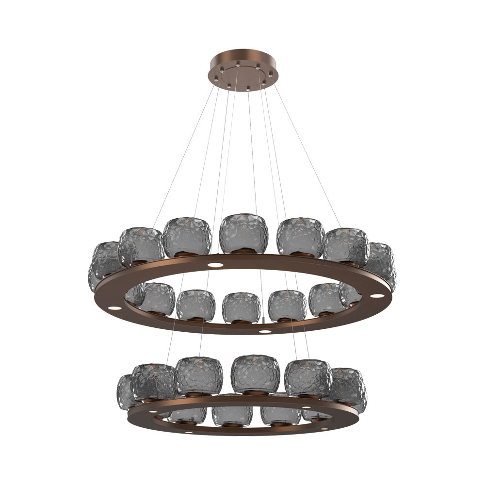 Vessel Two-Tier Ring LED Chandelier in Burnished Bronze/Smoke Blown Glass.