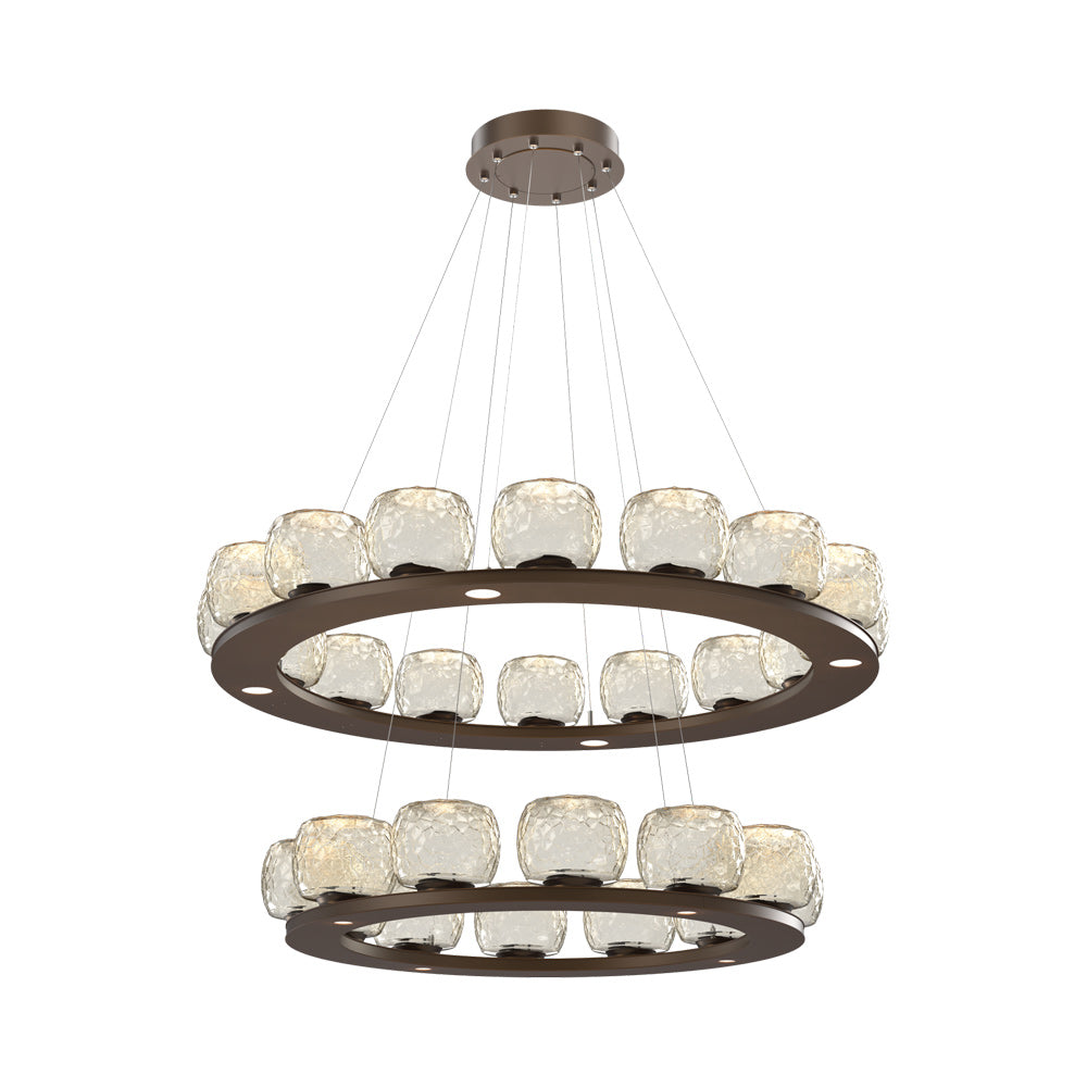 Vessel Two-Tier Ring LED Chandelier in Flat Bronze/Amber Blown Glass.
