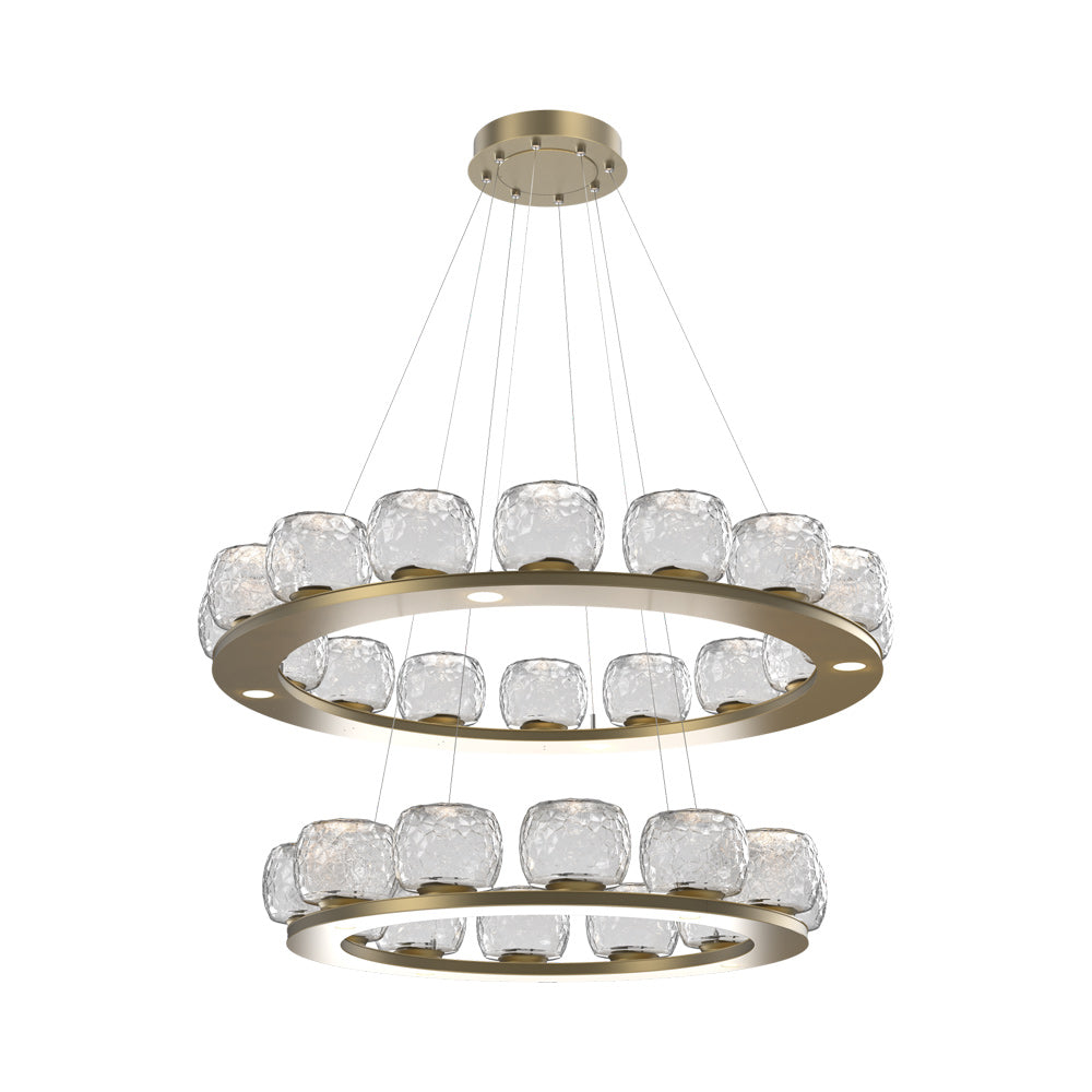 Vessel Two-Tier Ring LED Chandelier in Gilded Brass/Clear Blown Glass.