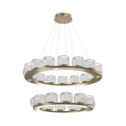Vessel Two-Tier Ring LED Chandelier in Gilded Brass/Clear Blown Glass.