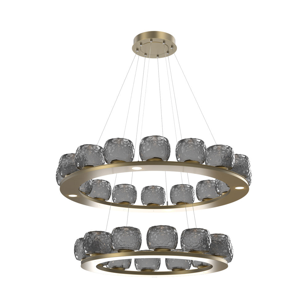 Vessel Two-Tier Ring LED Chandelier in Gilded Brass/Smoke Blown Glass.
