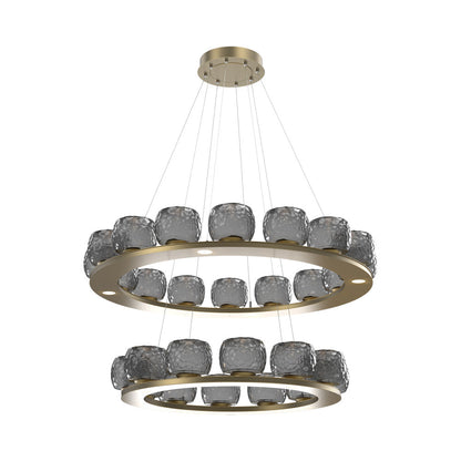 Vessel Two-Tier Ring LED Chandelier in Gilded Brass/Smoke Blown Glass.