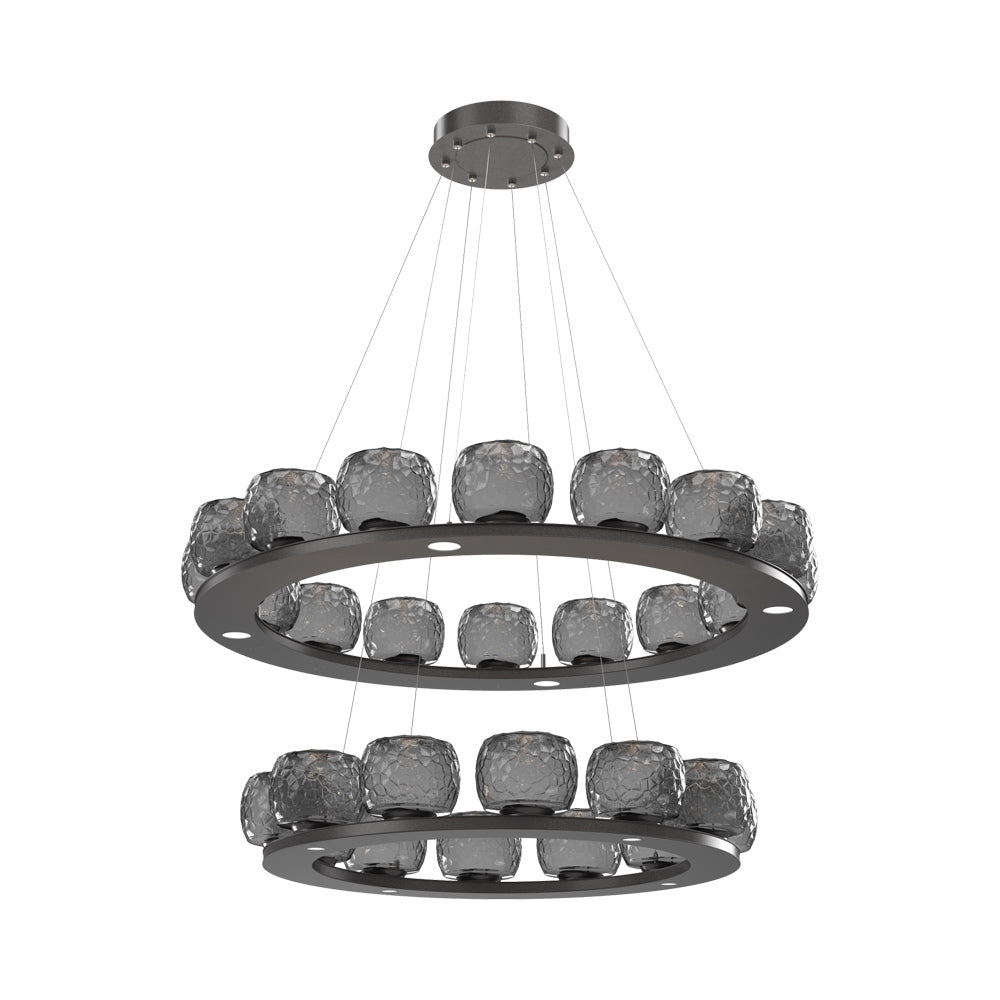 Vessel Two-Tier Ring LED Chandelier in Graphite/Smoke Blown Glass.