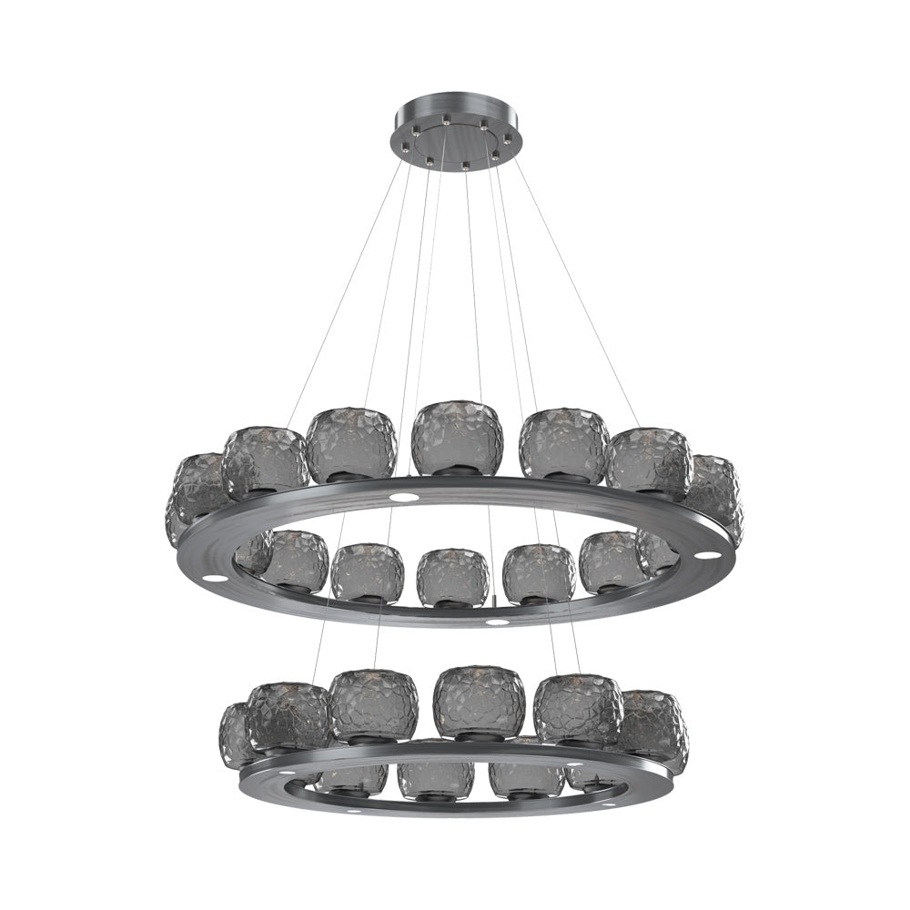 Vessel Two-Tier Ring LED Chandelier in Gunmetal/Smoke Blown Glass.