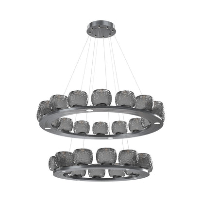 Vessel Two-Tier Ring LED Chandelier in Gunmetal/Smoke Blown Glass.