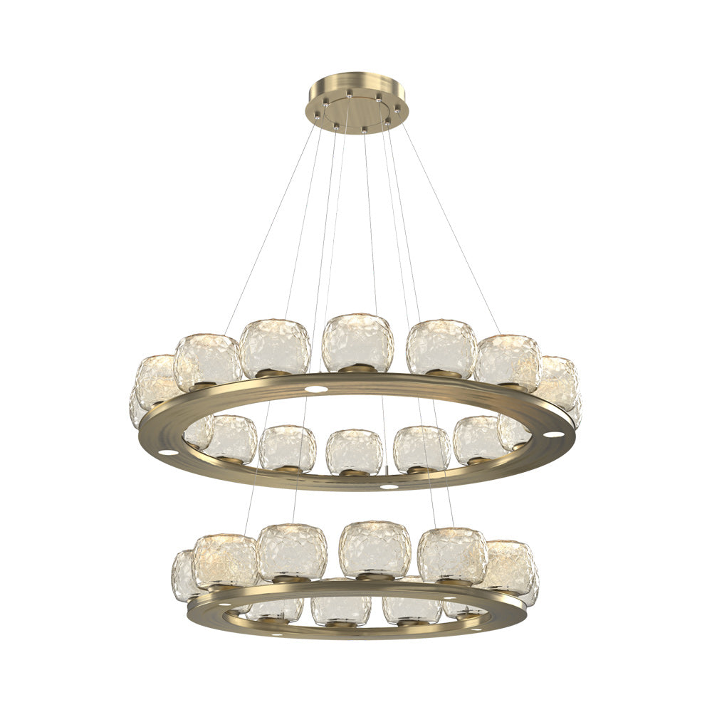 Vessel Two-Tier Ring LED Chandelier in Heritage Brass/Amber Blown Glass.