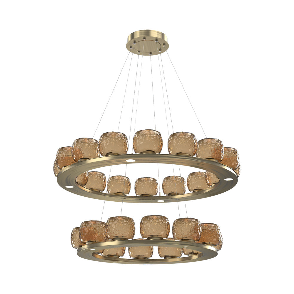 Vessel Two-Tier Ring LED Chandelier in Heritage Brass/Bronze Blown Glass.