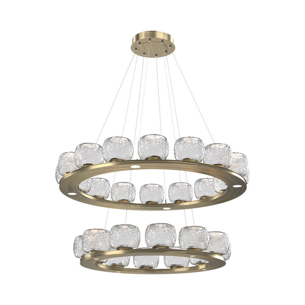 Vessel Two-Tier Ring LED Chandelier in Heritage Brass/Clear Blown Glass.