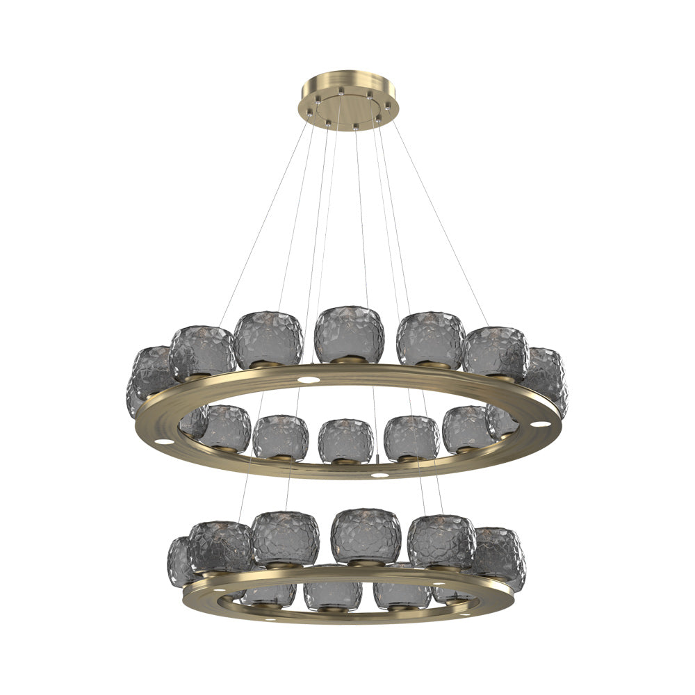 Vessel Two-Tier Ring LED Chandelier in Heritage Brass/Smoke Blown Glass.