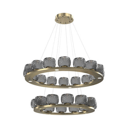 Vessel Two-Tier Ring LED Chandelier in Heritage Brass/Smoke Blown Glass.