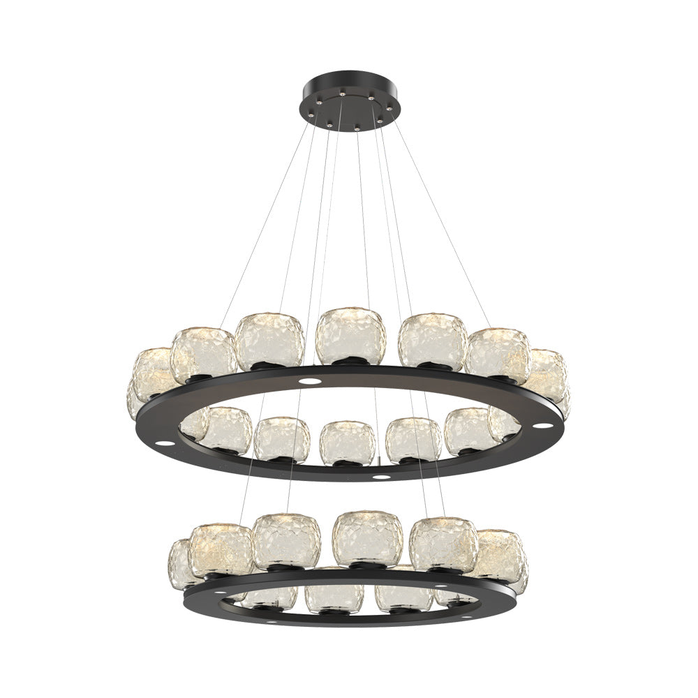 Vessel Two-Tier Ring LED Chandelier in Matte Black/Amber Blown Glass.