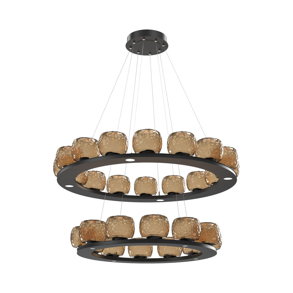 Vessel Two-Tier Ring LED Chandelier in Matte Black/Bronze Blown Glass.