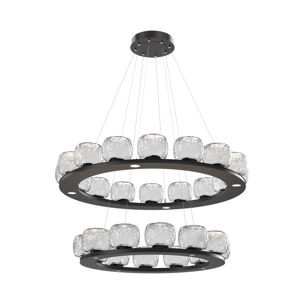 Vessel Two-Tier Ring LED Chandelier in Matte Black/Clear Blown Glass.