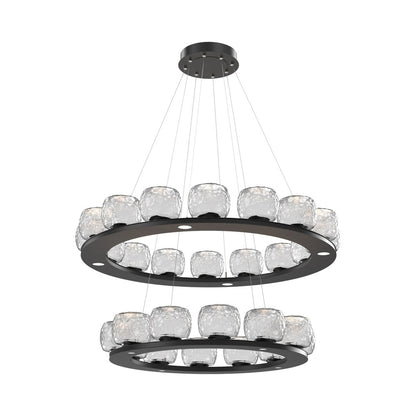 Vessel Two-Tier Ring LED Chandelier in Matte Black/Clear Blown Glass.