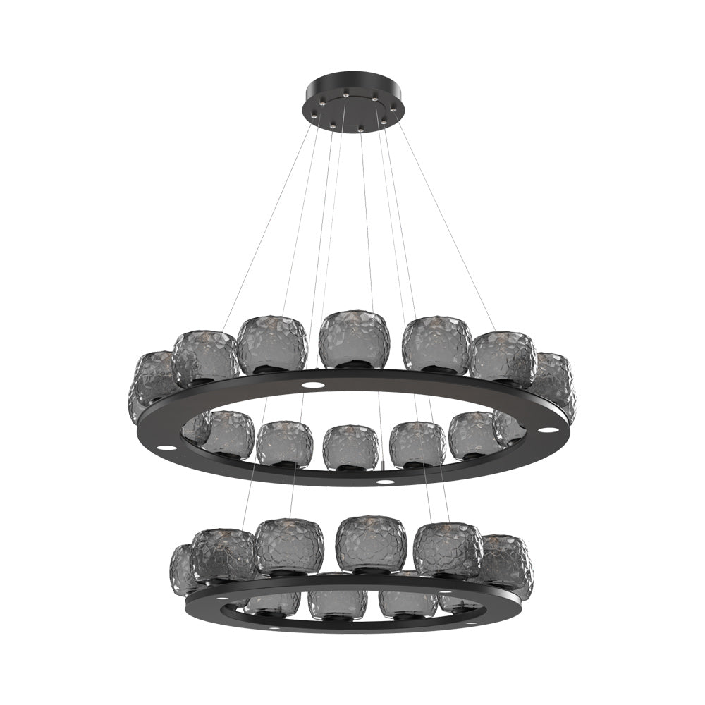 Vessel Two-Tier Ring LED Chandelier in Matte Black/Smoke Blown Glass.