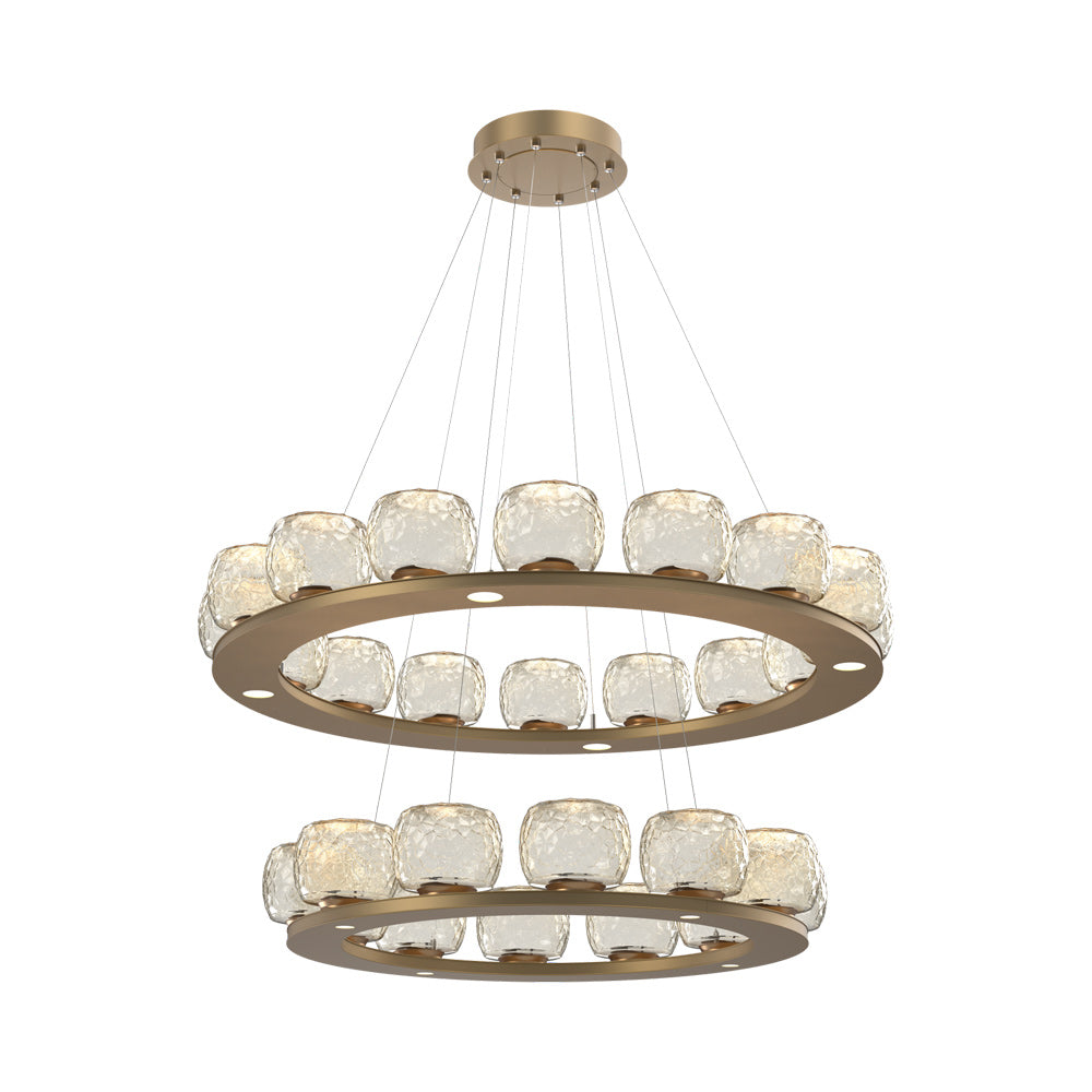 Vessel Two-Tier Ring LED Chandelier in Novel Brass/Amber Blown Glass.