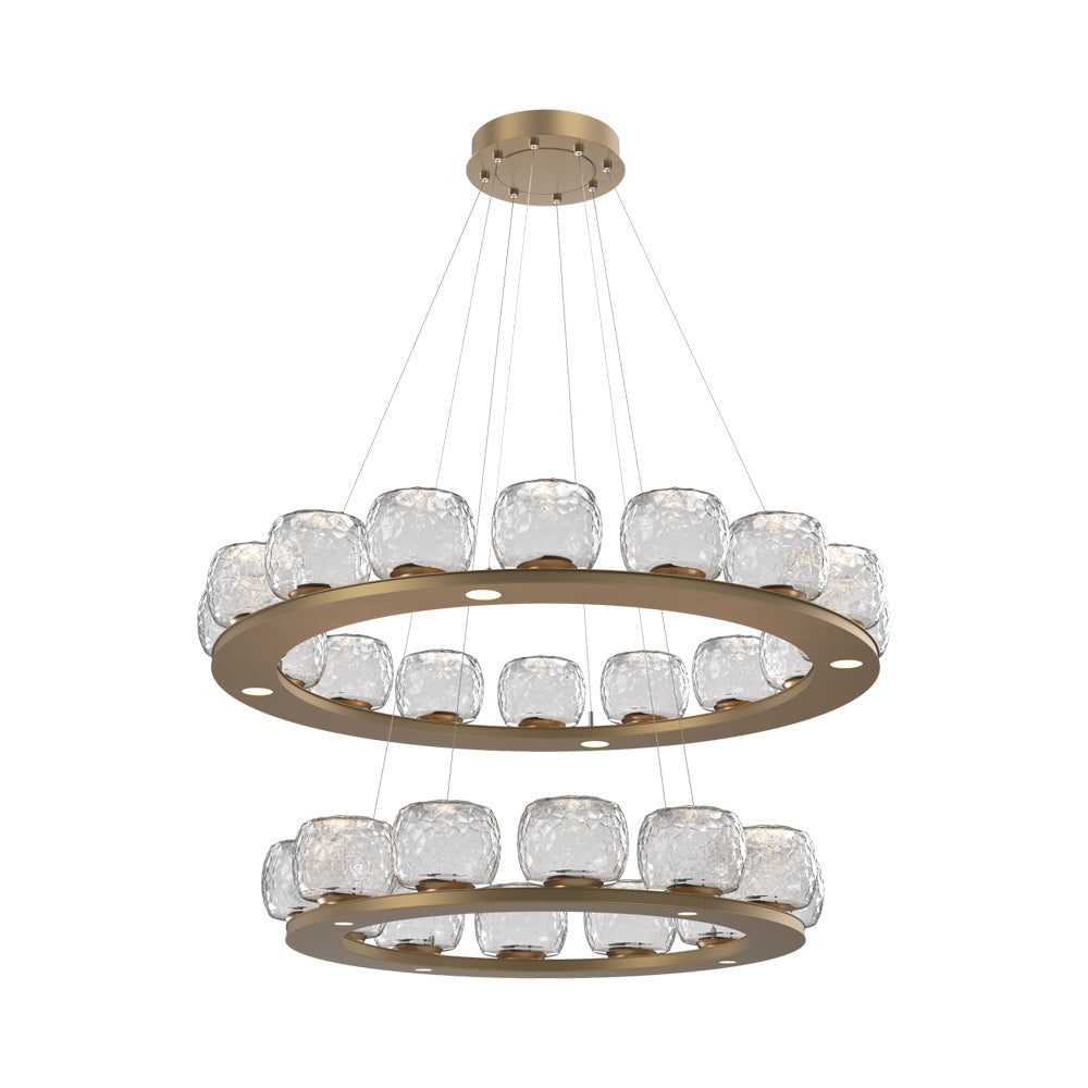 Vessel Two-Tier Ring LED Chandelier in Novel Brass/Clear Blown Glass.