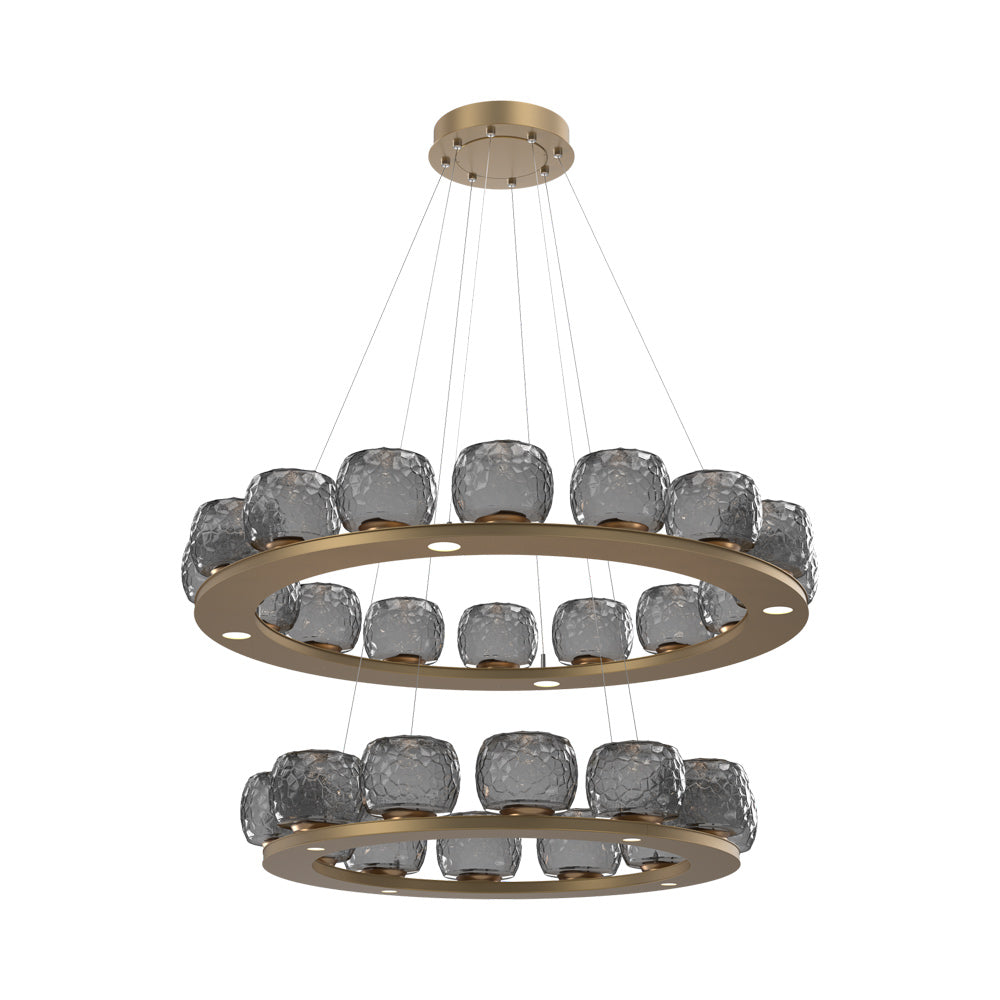 Vessel Two-Tier Ring LED Chandelier in Novel Brass/Smoke Blown Glass.