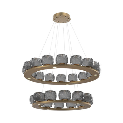 Vessel Two-Tier Ring LED Chandelier in Novel Brass/Smoke Blown Glass.