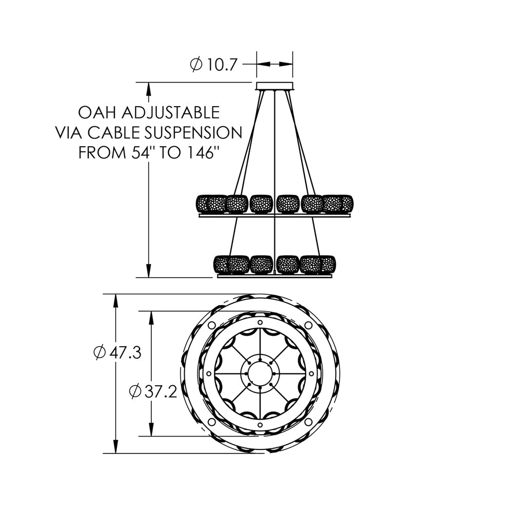Vessel Two-Tier Ring LED Chandelier - line drawing.