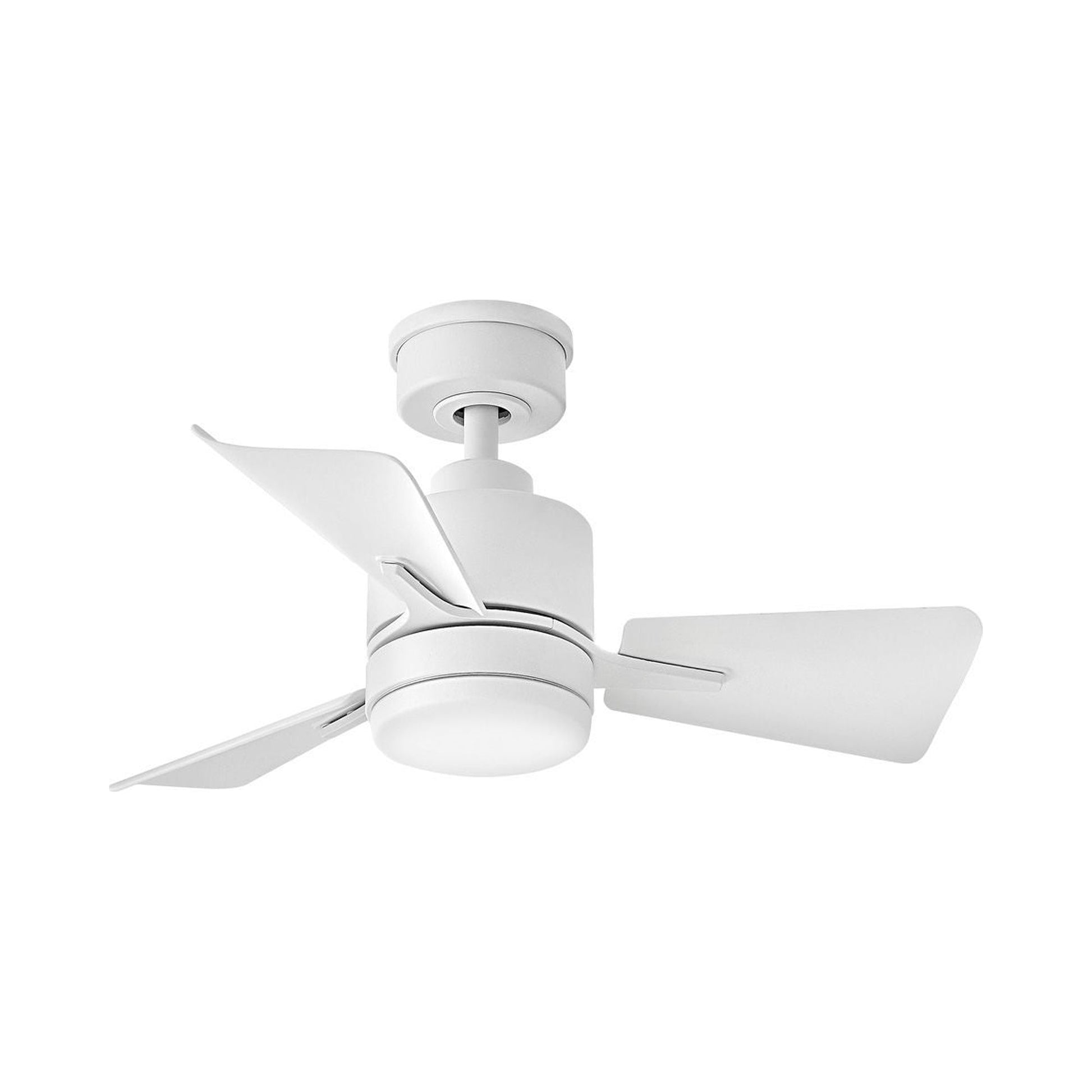 Atom LED Ceiling Fan in Matte White.