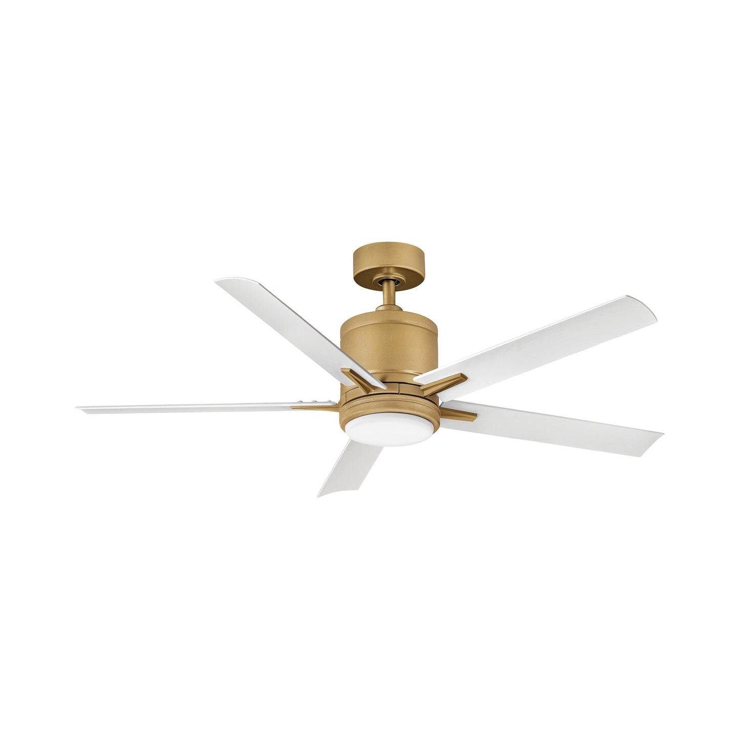 Vail Outdoor LED Smart Ceiling Fan in Heritage Brass/Matte White.
