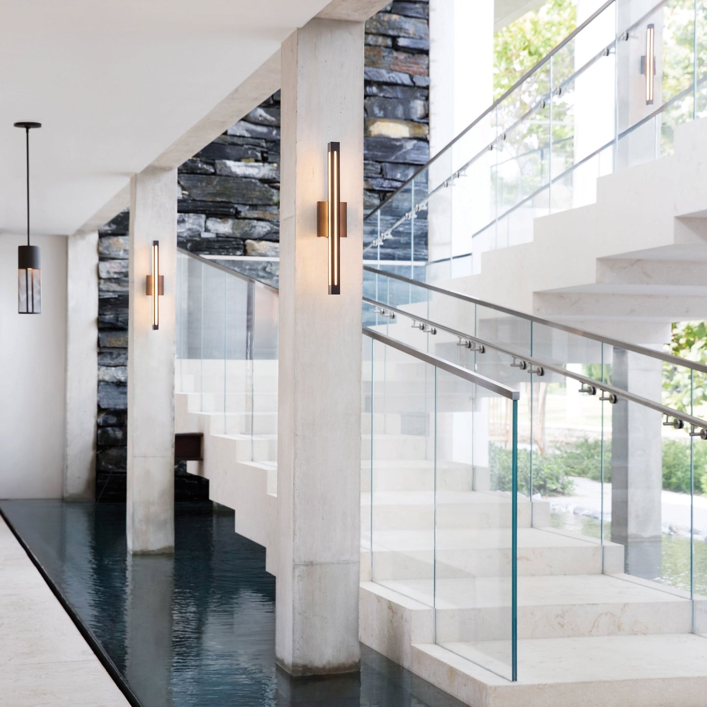 Vue Outdoor LED Wall Light in hallway.